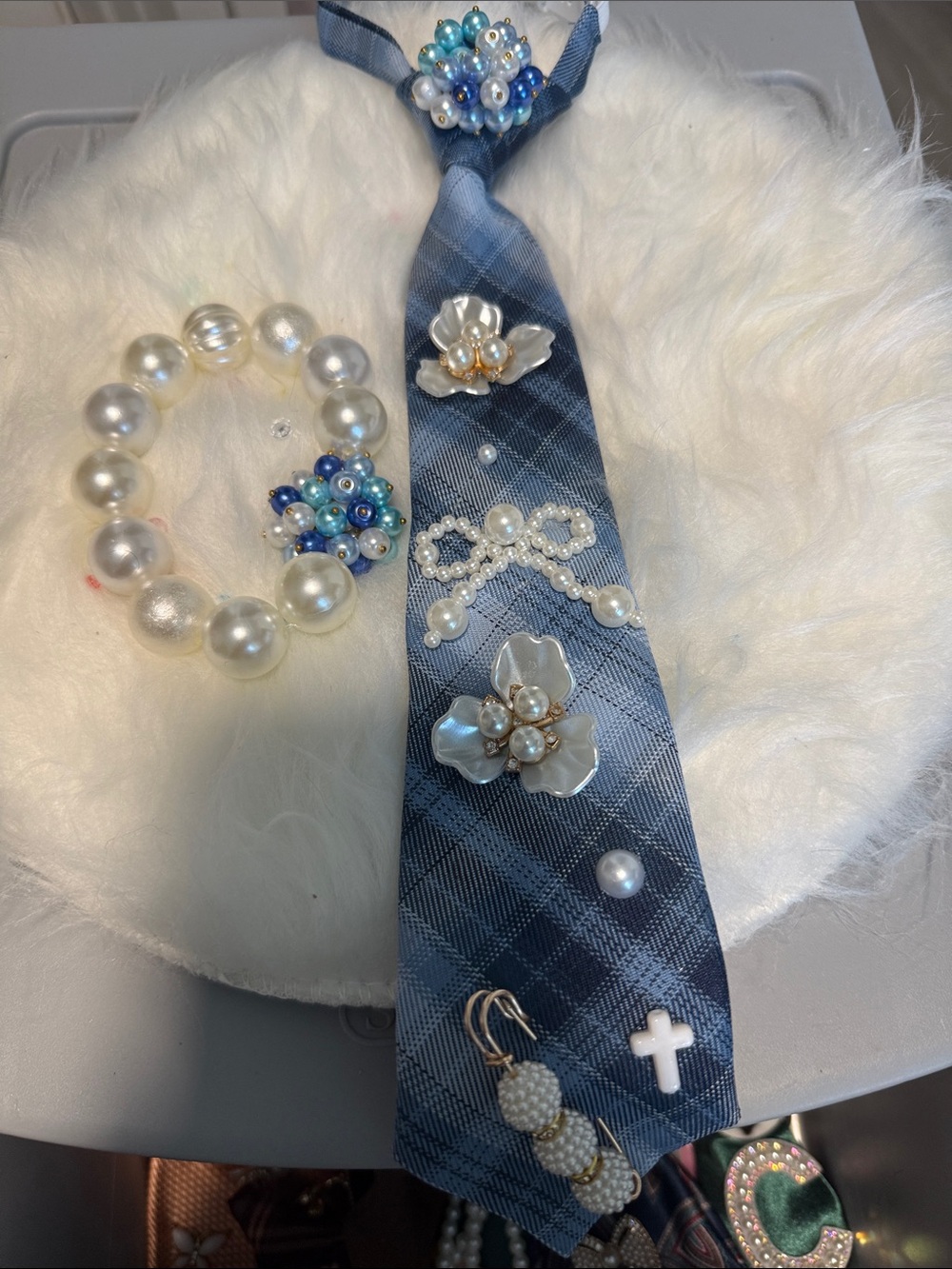 Blue Plaid Kids Accessory Tie with Pearl Flower Accents